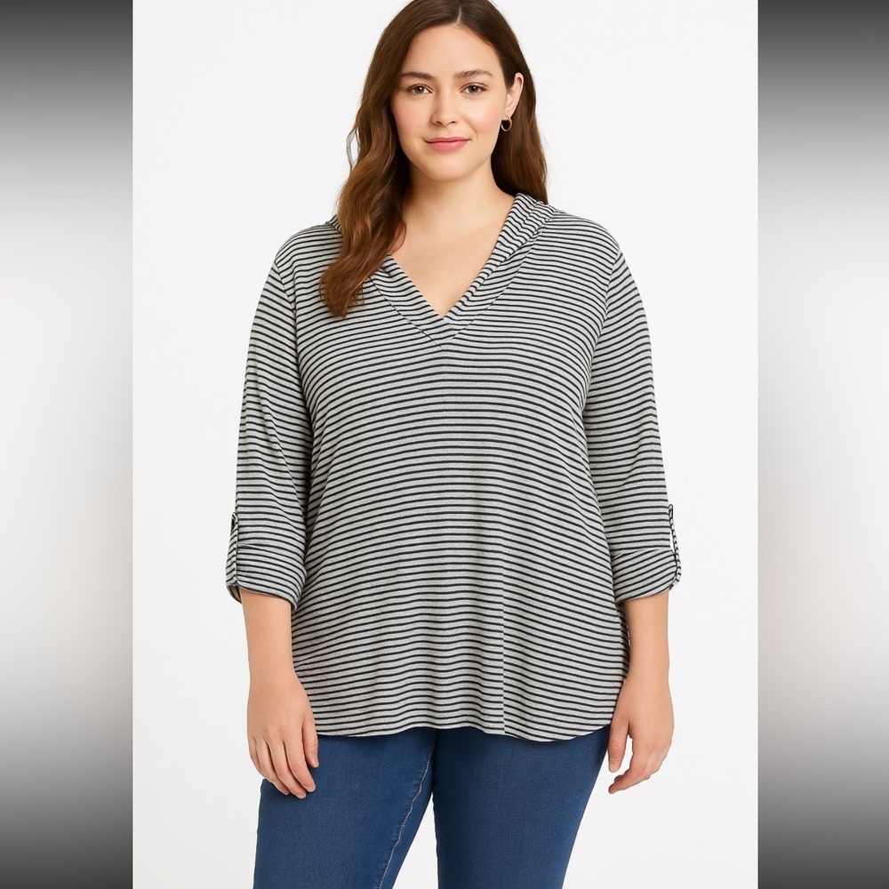 C&C California 1X Striped Linen Hoodie Top Black White V Neck Roll Tab Sleeve